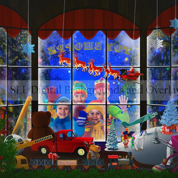 LAYERED PSD | Toy Shoppe Window Digital Backdrop | Christmas | Toys | Digital Background {PREMIUM}