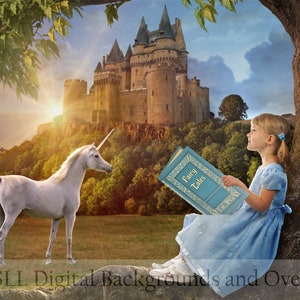 May include: A young girl sits under a tree reading a book titled "Fairy Tales" while a white unicorn stands in a field with a castle in the background.