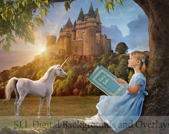 Unicorn and Castle Digital Background Backdrop - Fantasy - Magical - Fairy Tales - Composite Image - Image Editing Resources {PREMIUM}