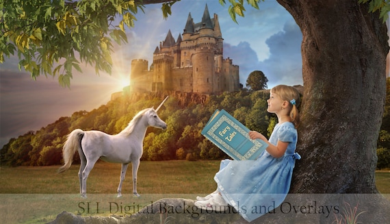 Unicorn and Castle Digital Background Backdrop - Fantasy - Magical - Fairy Tales - Composite Image - Image Editing Resources {PREMIUM}