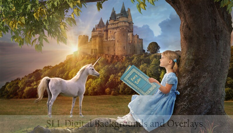 May include: A young girl sits under a tree reading a book titled "Fairy Tales" while a white unicorn stands in a field with a castle in the background.