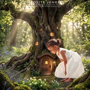 Puede incluir: Una niña con un vestido blanco observa una casa de hadas en miniatura construida en un gran árbol. El árbol tiene varias ventanas redondas y una pequeña puerta de madera. La escena está ambientada en un bosque exuberante con musgo, flores y luz solar.