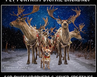 Christmas Digital Backdrop for Pets, Holiday Background for Composite Photography, Santa&#39;s Reindeer Photo Composition, Photoshop Overlay