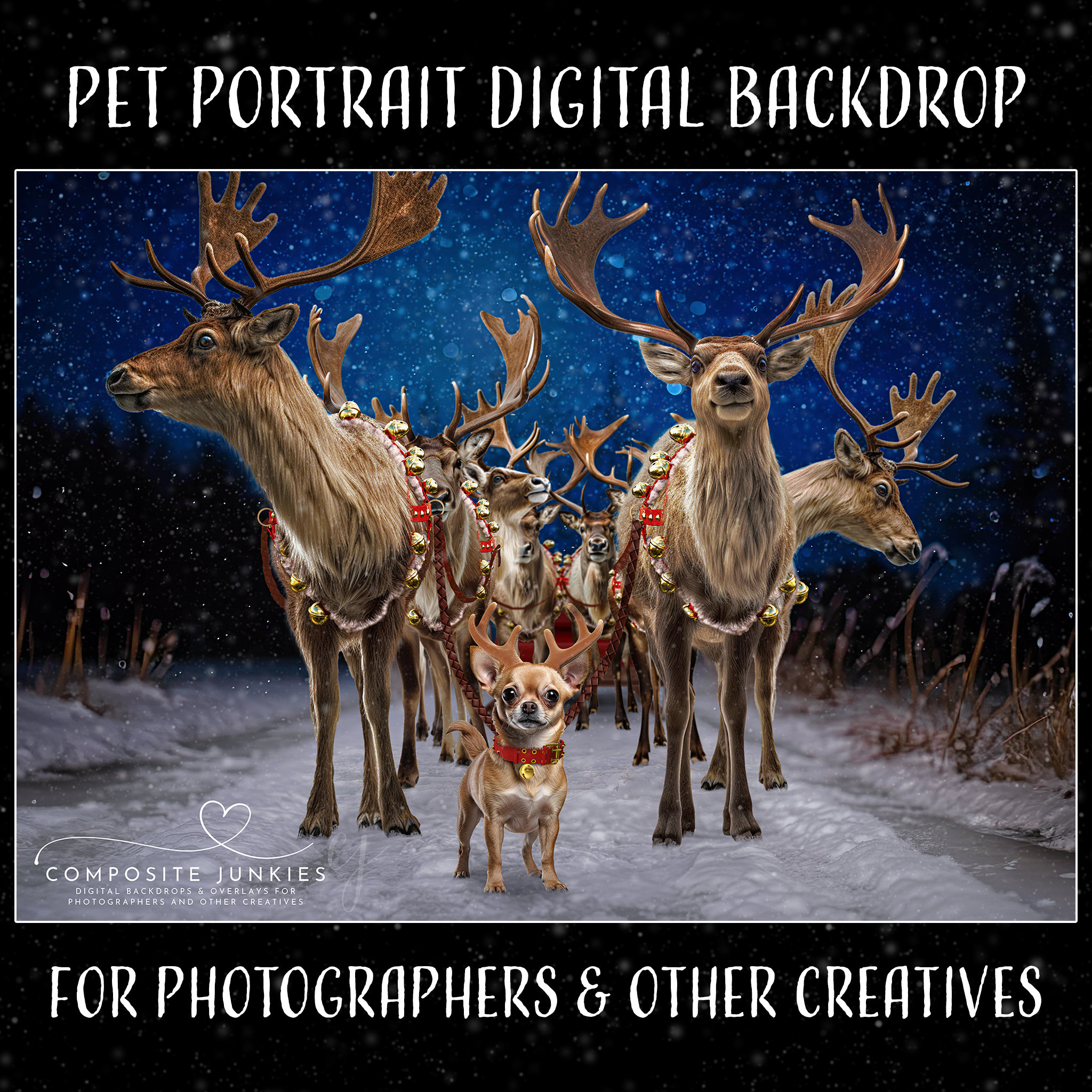 Christmas Digital Backdrop for Pets, Holiday Background for Composite Photography, Santa's Reindeer Photo Composition, Photoshop Overlay