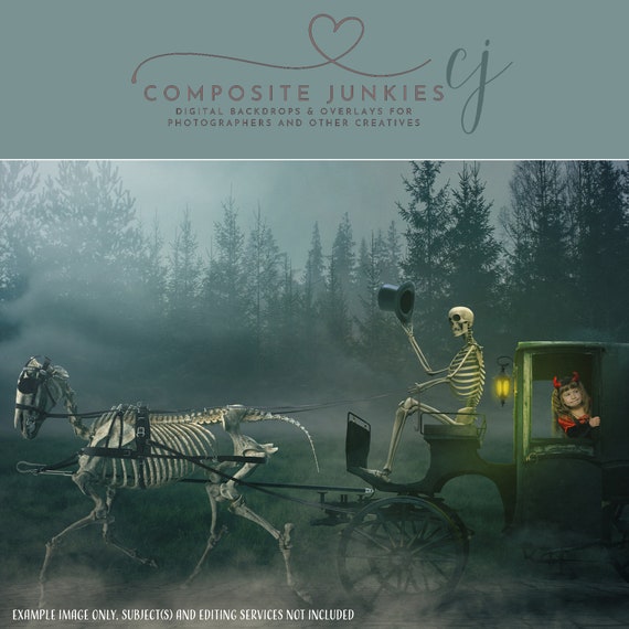Halloween Digital Background Backdrop for Composite Images, Skeleton Carriage Background, Scary Backdrop, Halloween Photo Composite