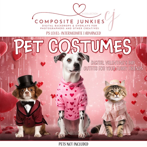 Valentine's Day Digital Pet Portrait Costume Overlays, Virtual Pet Outfits, Holiday Clip Art, Photo Manipulation, Photoshop Overlays