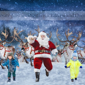 Reindeer Stampede with Santa Christmas Digital Backdrop Background for Photography Composite Images, Christmas Card Template