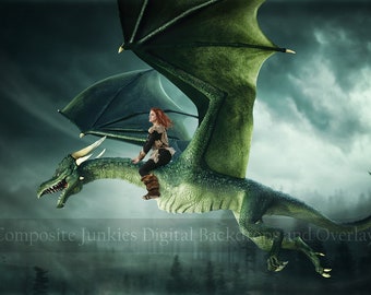 Flying Dragon Digital Backdrop Background, Green Dragon Digital Backdrop for Photography Composites, Photoshop Composites, Composite Image