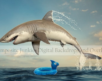 水から飛び出すホオジロザメのデジタル背景 - サメ - 合成画像