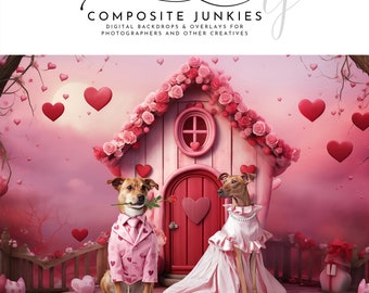 Valentine's Day Unique Pet Portrait Digital Backdrop for Photography Composite Artists, Whimsical Dog House Heart Background, Photo Art