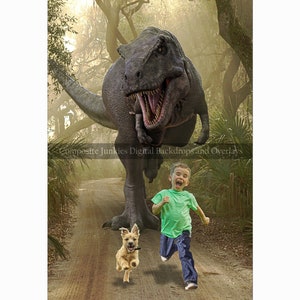May include: A boy and a dog run away from a large, green dinosaur in a forest setting. The dinosaur has a large mouth with sharp teeth. The boy is wearing a green shirt and blue jeans. The dog is brown and white. The background is a blurry forest with trees and foliage.