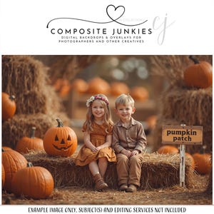 Fall Pumpkin Patch Digital Backdrop with Hay Bales & Pumpkins – Autumn Photography Background for Kids and Family Portraits.