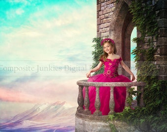 Telón de fondo digital del balcón del castillo: fondos digitales temáticos de princesas {PREMIUM}