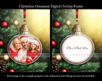 Christmas Ornament Digital Photo Frame, Christmas Digital Background, Digital Backdrop, Holiday Card Template, Photography Digital Overlay