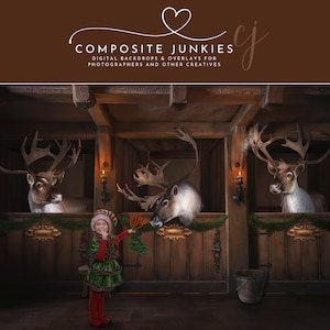 May include: A digital backdrop depicting reindeer in wooden stables, illuminated by candlelight. A child in an elf costume holds carrots. The backdrop includes the text "COMPOSITE JUNKIES" and "DIGITAL BACKDROPS & OVERLAYS FOR PHOTOGRAPHERS & OTHER CREATIVES".