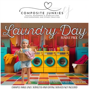 Può includere: Un pacchetto di sfondi digitali per fotografi e altri creativi che presenta una lavanderia con lavatrici colorate, un cesto di biancheria e un bambino che tiene un cesto di biancheria. Il testo "Laundry Day Bundle Pack" è visualizzato sull'immagine.