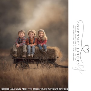 May include: Three children sit on a hay bale atop a wooden wagon in a field. They wear plaid shirts, overalls, and jeans. The background is a blurred, sepia-toned landscape. The image includes the text "EXAMPLE IMAGE ONLY. SUBJECT(S) AND EDITING SERVICES NOT INCLUDED."