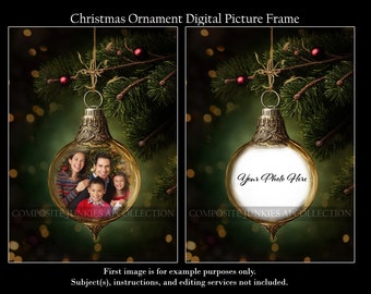 Christmas Ornament Digital Photo Frame, Christmas Digital Background, Digital Backdrop, Holiday Card Template, Photography Digital Overlay