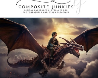 Puede incluir: Un telón de fondo digital que presenta a un niño montando un dragón en las nubes. El dragón es marrón y tiene ojos rojos. El niño lleva una túnica marrón y se agarra al cuello del dragón. El fondo es un cielo nublado con una puesta de sol en la distancia. El texto "COMPOSITE JUNKIES" está en la parte superior de la imagen.