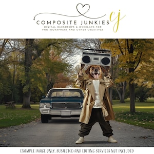 May include: A dog wearing a brown trench coat and black trousers holds a vintage boombox above its head. The dog is standing on a paved road in a park setting with trees and a blue car in the background.