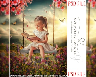 Flower Swing Digital Backdrop for Photoshop Composites | Spring Fantasy Background for Children's Photography | Photoshop PSD Layered File