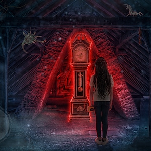 May include: A young person stands in a dark, red-lit attic with a large grandfather clock in the center. The clock has a white face with black Roman numerals and a pendulum swinging. The attic is dimly lit with cobwebs and other spooky decorations.