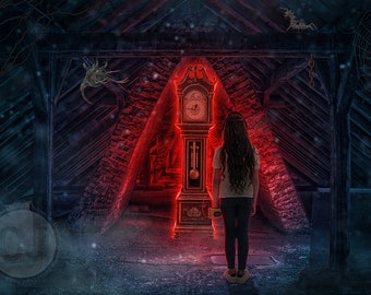 Scary Clock glowing digital background backdrop for composite images, Eerie attic, Scary Things Attic