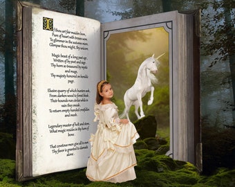 Photography Digital, Unicorn girl, book, poem Backdrop Background for Composite Images, Fantasy Background for Digital Art, Photoshop