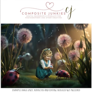 May include: A digital backdrop featuring a whimsical scene with a young girl in a blue dress standing in a field of pink dandelions and a red ladybug. The background is a soft, dreamy blur with a warm, golden light.