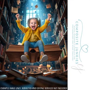 Library Adventure Digital Backdrop | Magical Floating Book Composite Background | Photoshop Fantasy Template | Creative Photography