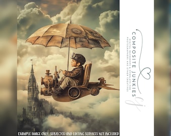 SkyHopper Fantastic Flying Machine Digital Backdrop | Steampunk Photo Background for Composite Photography | Fantasy Photoshop Prop.
