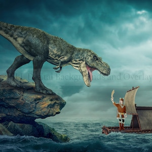 Trex roaring by water digital background backdrop - Prehistoric - Jurassic - Dinosaur {PREMIUM}