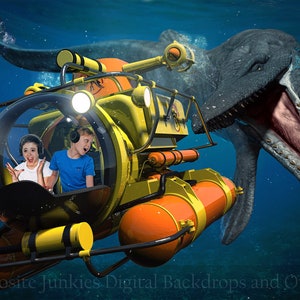 Mosasaurus Submarine Chase Digital Backdrop - Dinosaur Digital Backdrop - Dino Chase Backdrop {PREMIUM}
