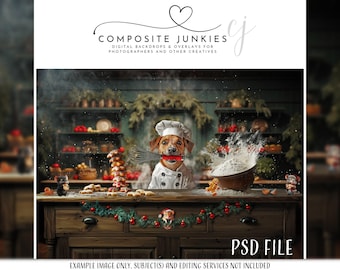 Christmas Pet Digital Backdrop - Baking Cookies Scene - Layered Photoshop File - Festive Holiday Photo Editing Background - Xmas Background
