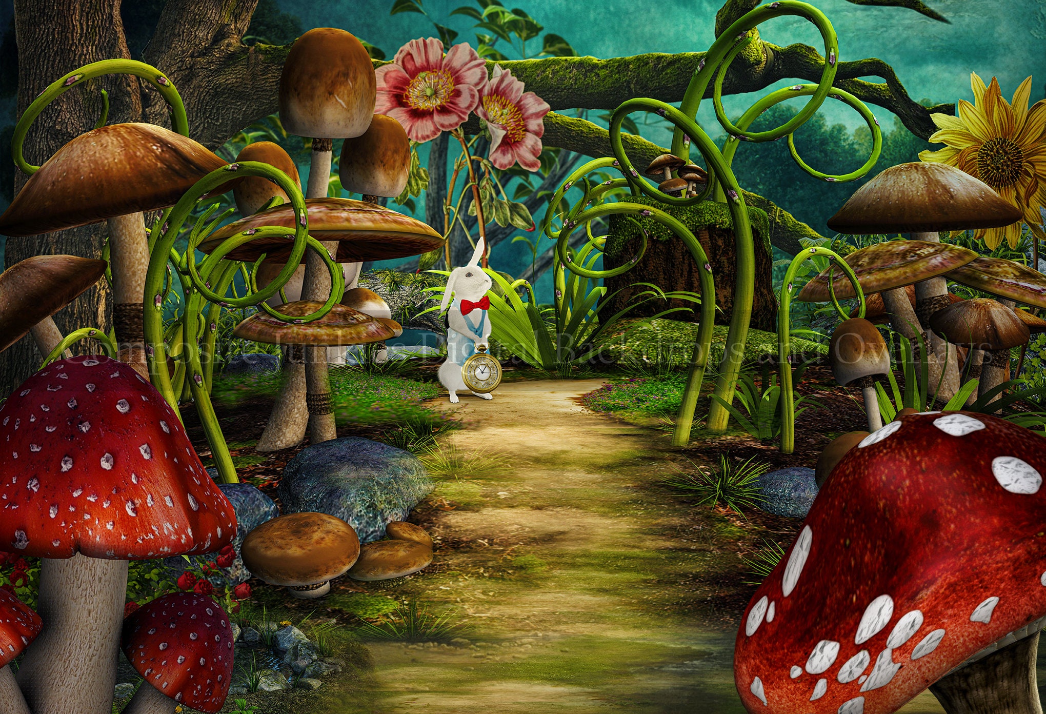 Digital Backdrop Alice Wonderland With White Rabbit
