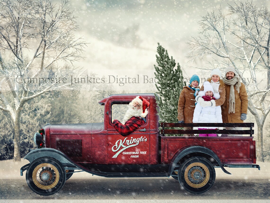 Santa Red Truck Digital Background Christmas Tree Farm | Etsy