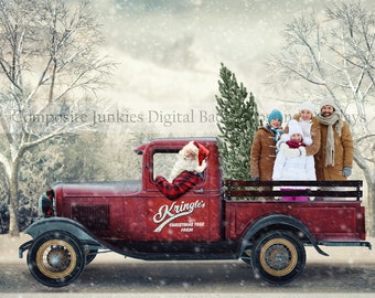 May include: A vintage red truck with Santa Claus driving, and a family in the back. The truck has "Kringle's Christmas Tree Farm" on the side. The scene is set in a snowy winter landscape with bare trees.