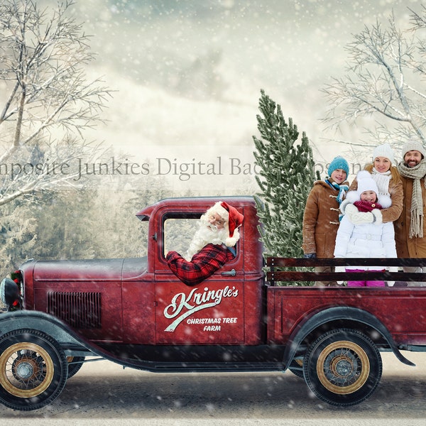 Santa Red Truck Digital Background | Christmas Tree Farm Digital backdrop | Christmas Digital Backdrop | Holiday Background | Christmas Card