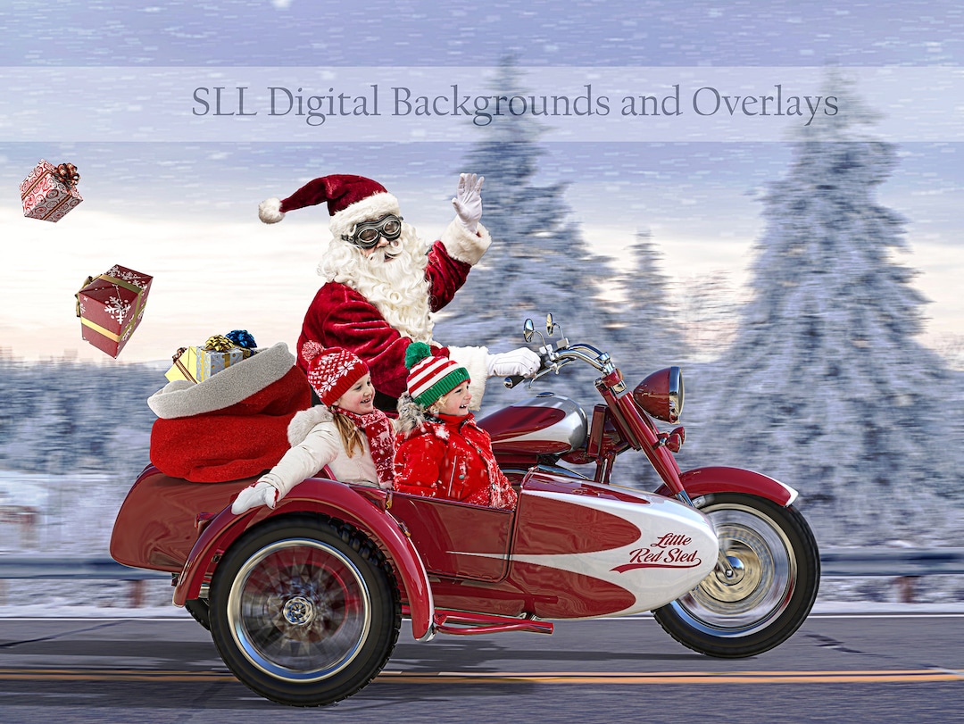 Santa on Motorcycle Digital Backdrop Christmas Digital Background