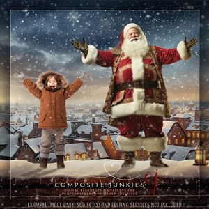 Santa Claus on Roof Christmas Digital Backdrop for Composite Photography, Holiday Background for Greeting Cards, Photoshop Overlays