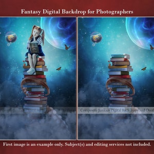 Books in Clouds at night Fantasy Digital Backdrop Background for Composites Images, Photography Magical Background, Digital Background
