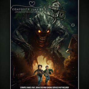 Può includere: Due bambini corrono lontano da una mostruosa creatura di albero con occhi rossi luminosi. La creatura di albero si trova in mezzo a un sentiero con una piccola casa tra i rami dell'albero. Lo sfondo è una foresta oscura con una casa in lontananza.