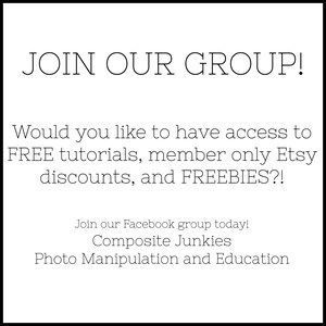 Pode incluir: Gr&aacute;fico de texto com as palavras "JOIN OUR GROUP!" em fonte grande. Abaixo do texto, h&aacute; uma mensagem que diz "Would you like to have access to FREE tutorials, member only Etsy discounts, and FREEBIES?!" O texto continua com "Join our Facebook group today! Composite Junkies Photo Manipulation and Education."