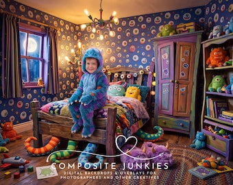 Halloween Monster Room Digital Backdrop with Monster Costume Overlay, Kids Photography Composite, Bedroom Background
