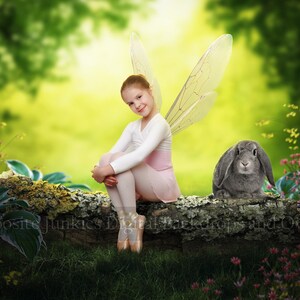 Bunny on a log in forest with flowers digital backdrop background for composite imagery - Easter Bunny digital backdrop - Digital Background