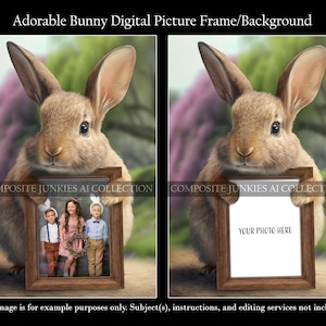 Könnte beinhalten: Ein digitaler Bilderrahmen mit einem braunen Kaninchen, das einen Holzrahmen mit dem Text "YOUR PHOTO HERE" hält. Das Kaninchen befindet sich in einer grünen und rosa Gartenlandschaft.