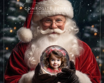 Santa Claus Christmas Snow Globe Photo Insert Digital Backdrop for Composite Photography, Holiday Background for Greeting Cards, Photoshop