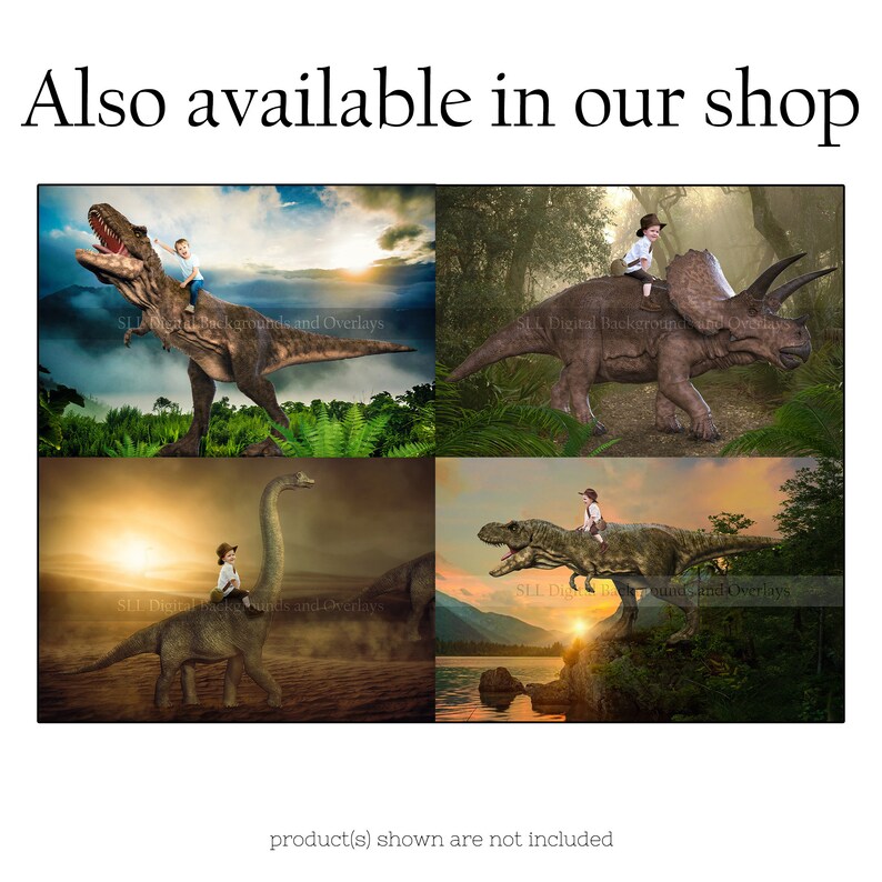 May include: Four digital backgrounds featuring children riding dinosaurs in various settings. The backgrounds include a sunset, a forest, and a lake. The text "SLI Digital Backgrounds and Overlays" appears on each image.