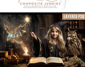 Fondo digital para aula de escuela de magia, fondo de fantasía con hechizos mágicos, PSD en capas, fotografía compuesta, superposición de Photoshop, edición de fotos