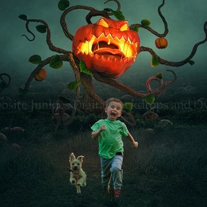 May include: A digital Halloween backdrop featuring a large, glowing jack-o'-lantern with a carved face, surrounded by vines and small pumpkins. A child and a dog run towards the viewer in a field, with a "Pumpkin Patch" sign in the background.